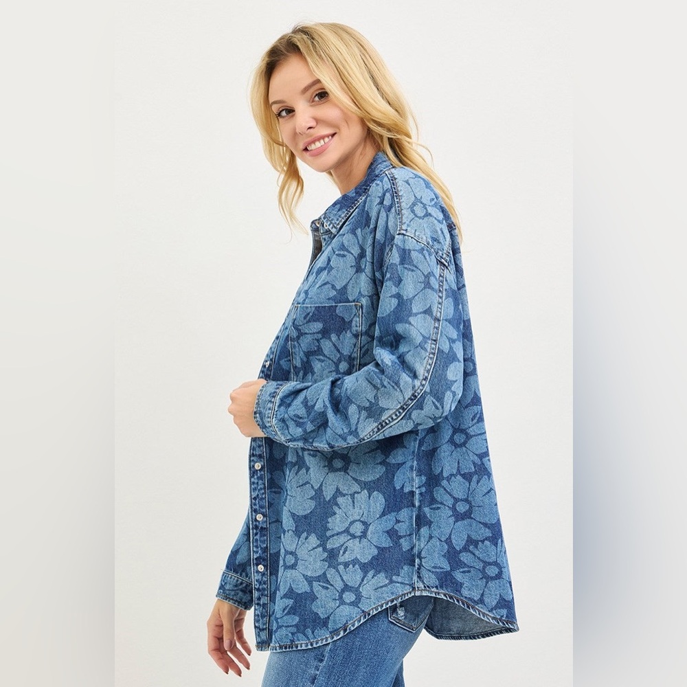 Floral Print Denim Button Down Shirt - Risen - Picture 4 of 5